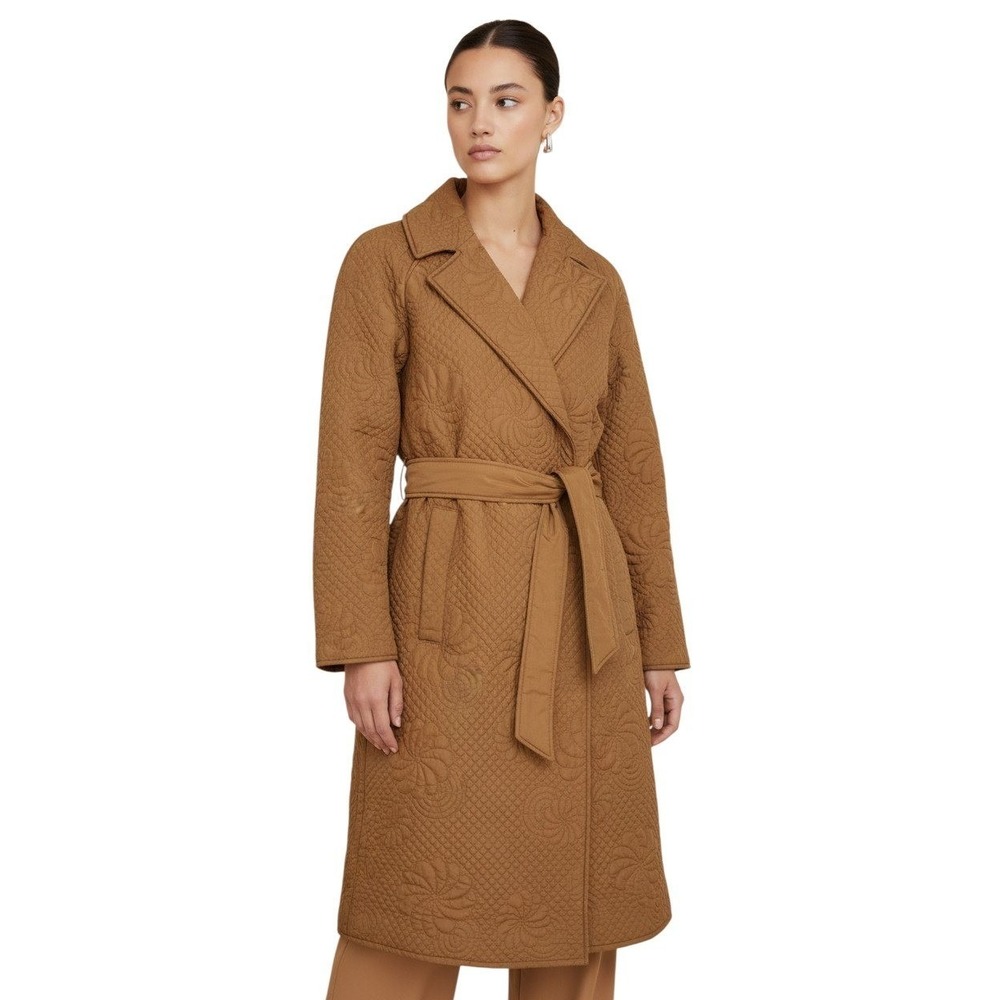 NWT Elie Tahari Quilted Trench Floral Print Belted Coat Camel Brown Size Medium